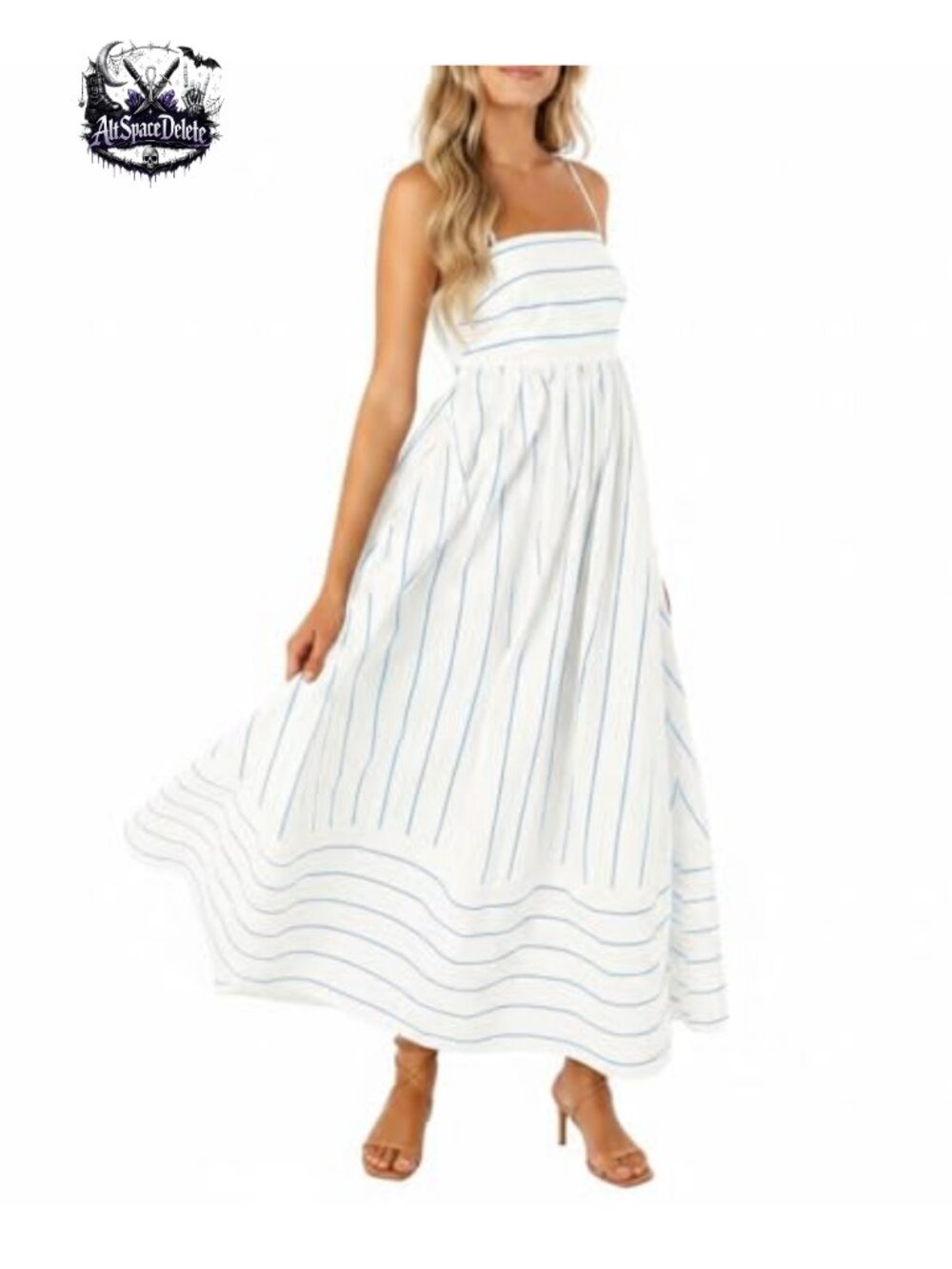 Striped Back Smocked Maxi Dress Spaghetti Strap Cut Out Flowy Swing